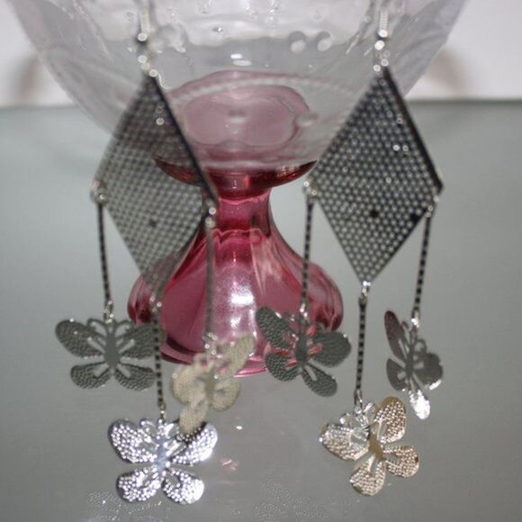 Silver Mesh Rectangle & Butterfly Dangle Earrings Women's Boho Fashion Jewelry - Picture 3 of 3